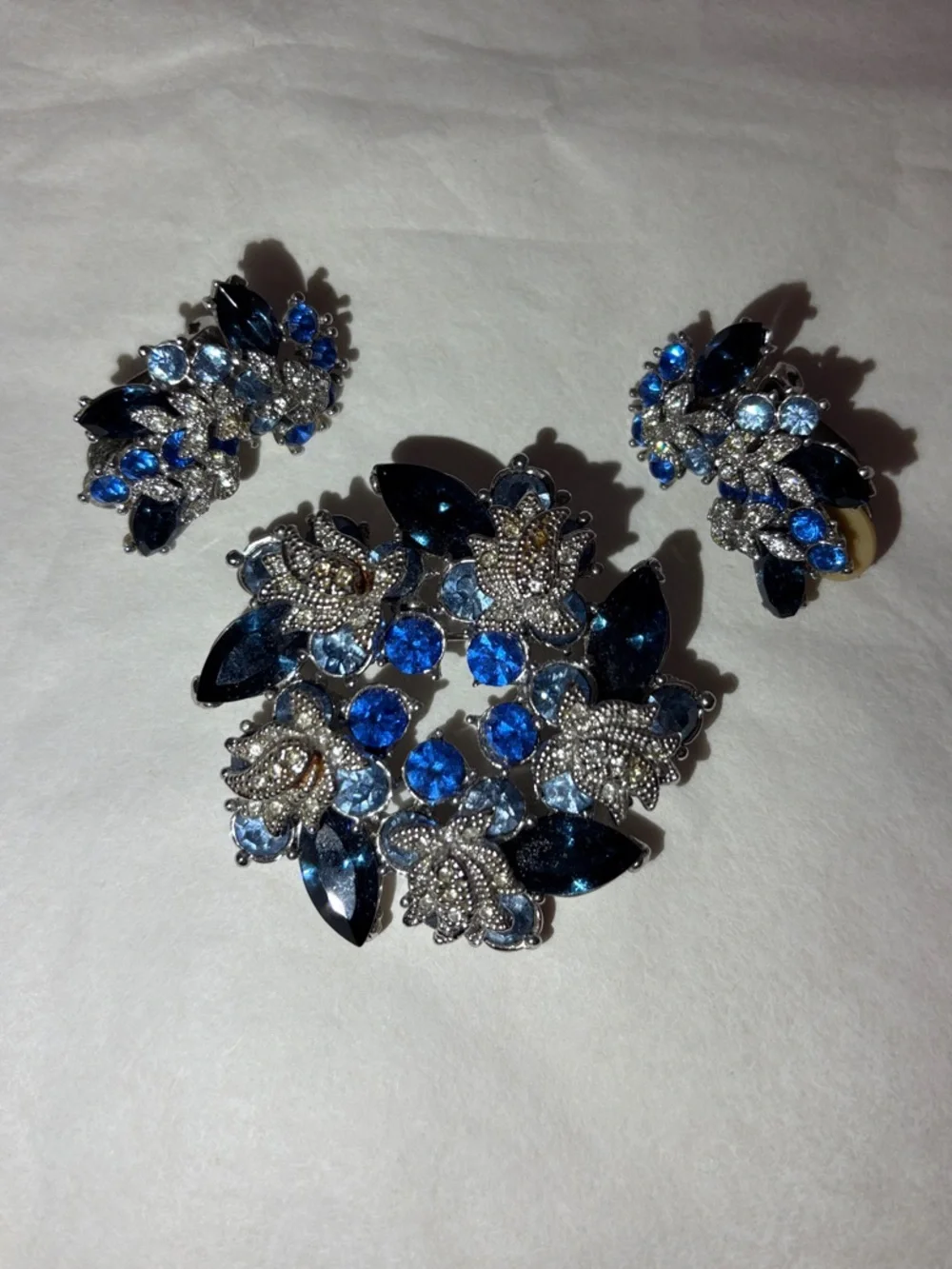 Vintage Blue Crystal Floral Brooch and Clip-on Earring Set